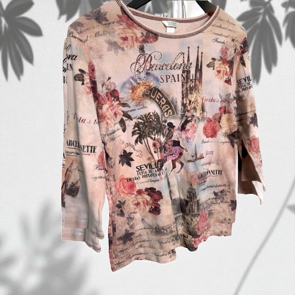 Vintage Barcelona Spain Bling Top Travel Tee Floral Europe Print M Romantic